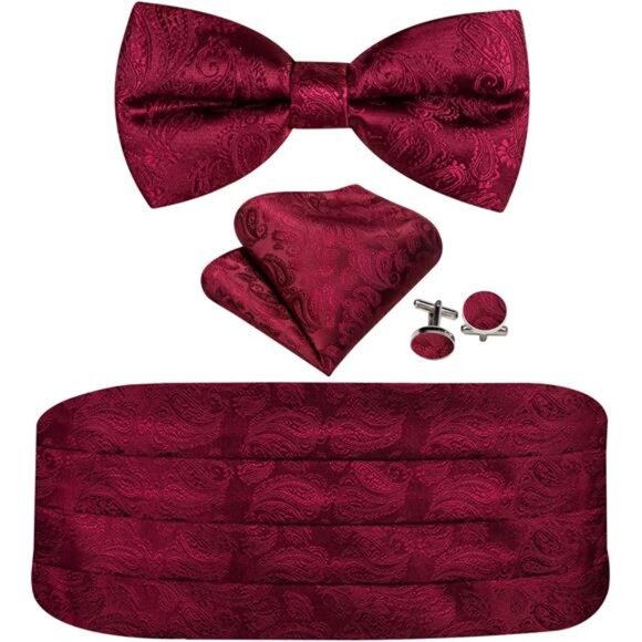 Men Cummerbund Bow Tie Set Silk Paisley Formal Pre-Tied Bowtie Pocket